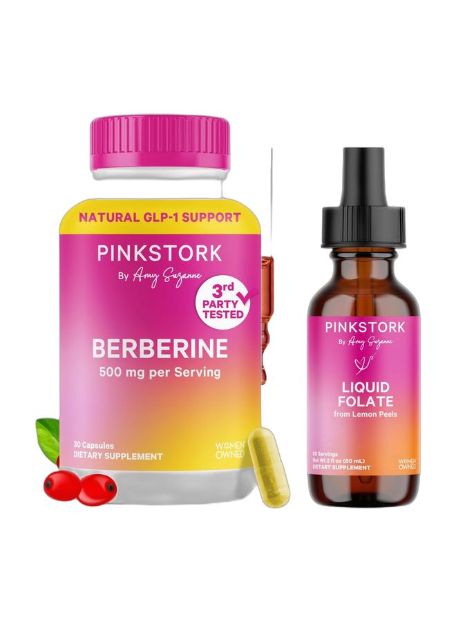 Pink Stork Metabolic & Prenatal Folate Support Bundle – Berberine 500mg for Metabolism & Gut Health + Liquid Folate (5-MTHF) Drops for Women, 2-Pack Bundle - Image 1